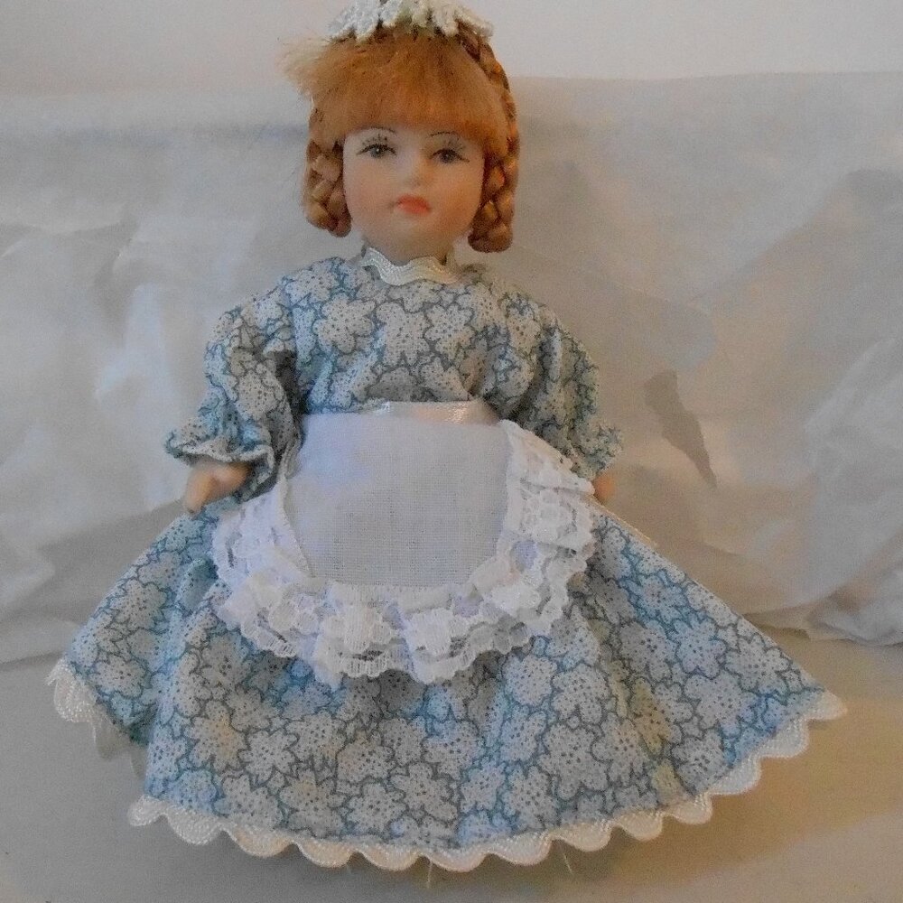 Vintage 5"T All Bisque Jointed Doll Long Sleeve Dress & Apron Braided Red Hair